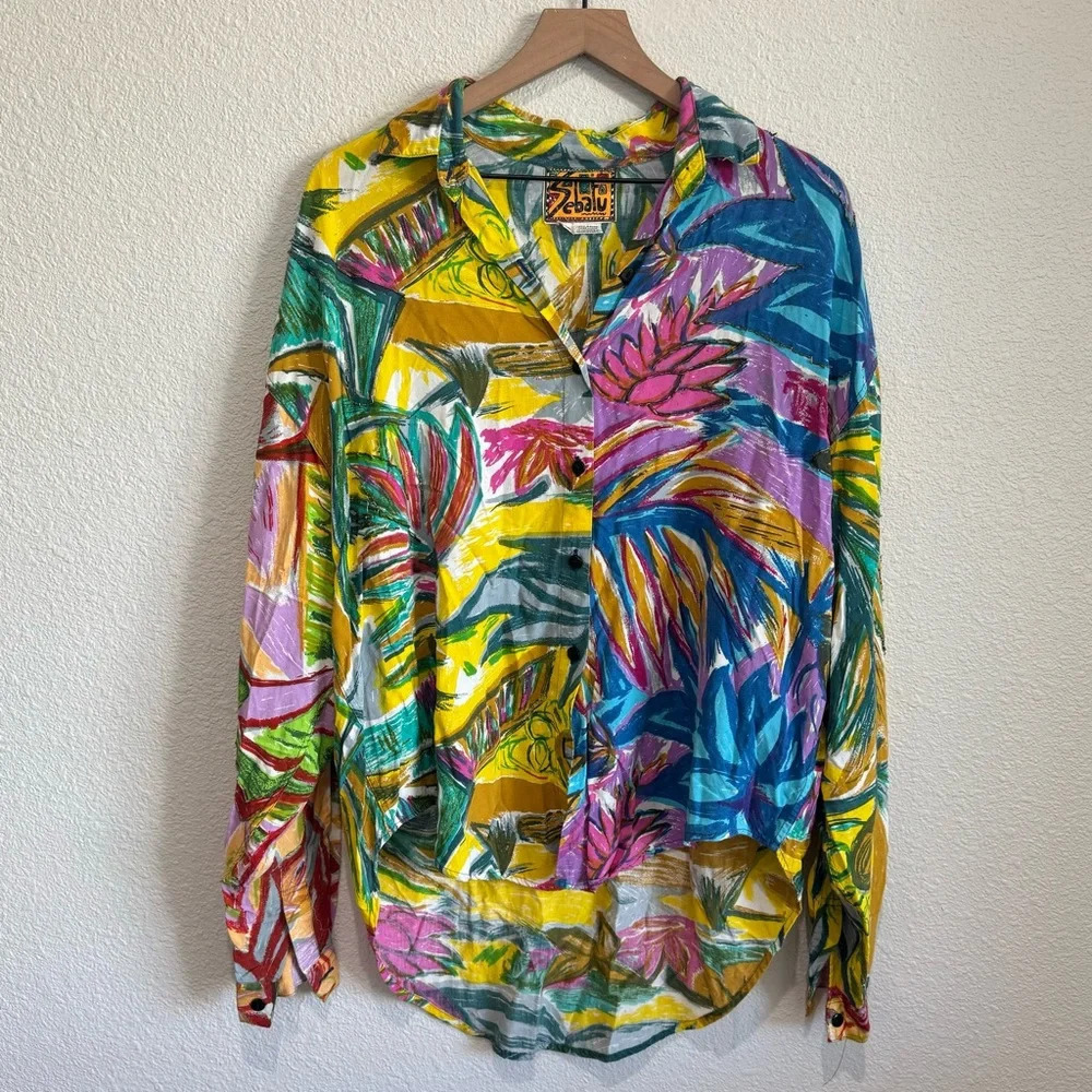 VTG Sebatu‎ One Size Floral Abstract Button Down Beaded Art to Wear 90s Colorful
